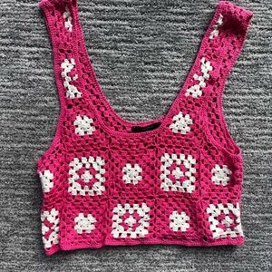 Pink and White Sleeveless Crochet Crop Top